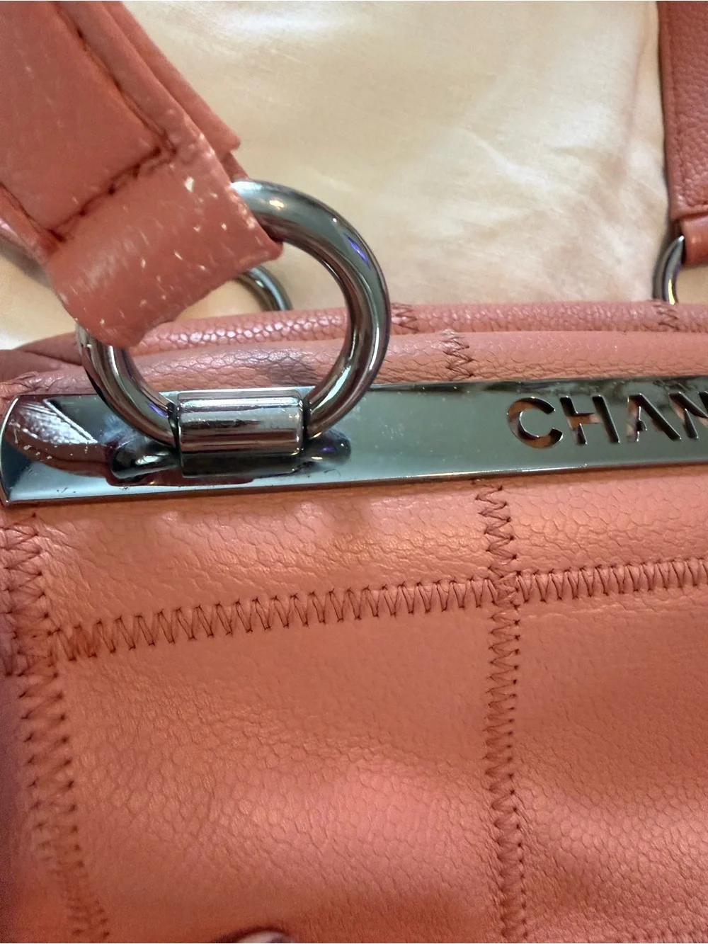CHANEL Coral Pink Caviar Leather Shoulder Bag with Metal Logo GUC GA000